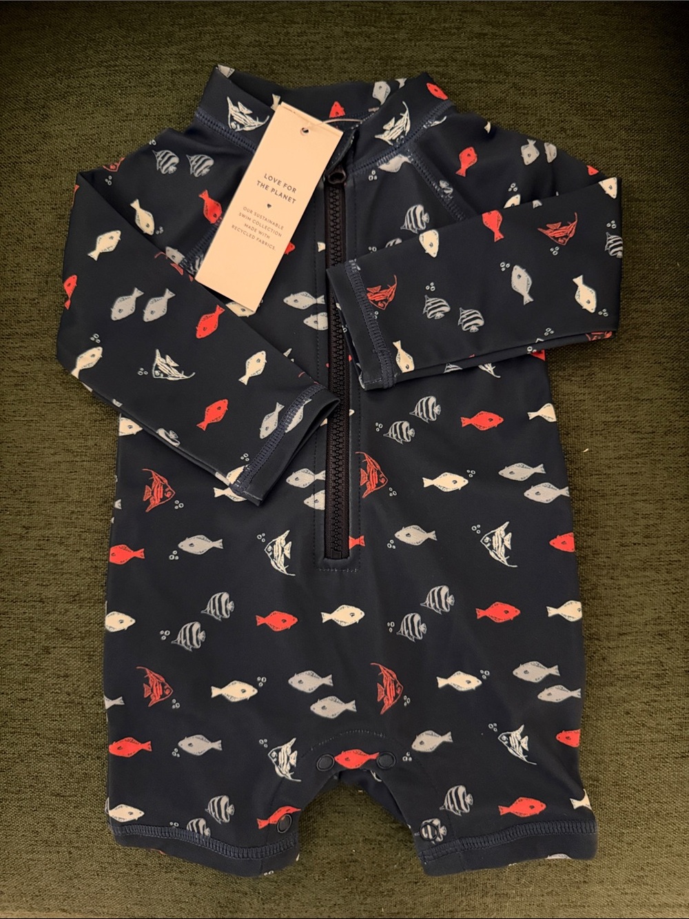 Janie and Jack Navy One-Piece Swim Suit with Red and White Fish Print
